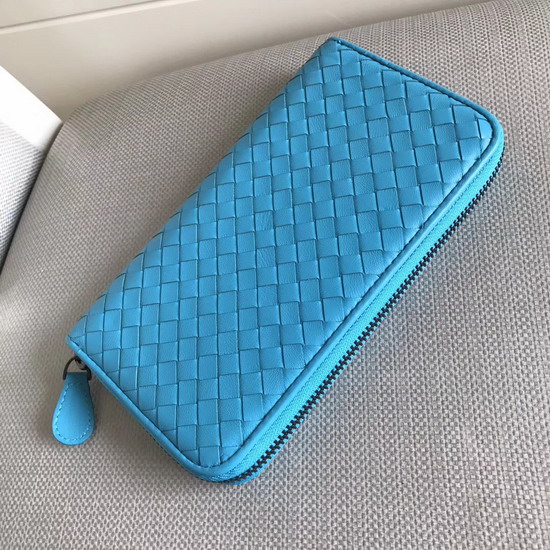 Bottega Veneta Zip Around Wallet in Sky Blue Lambskin