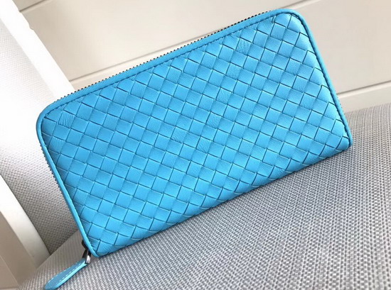 Bottega Veneta Zip Around Wallet in Sky Blue Lambskin