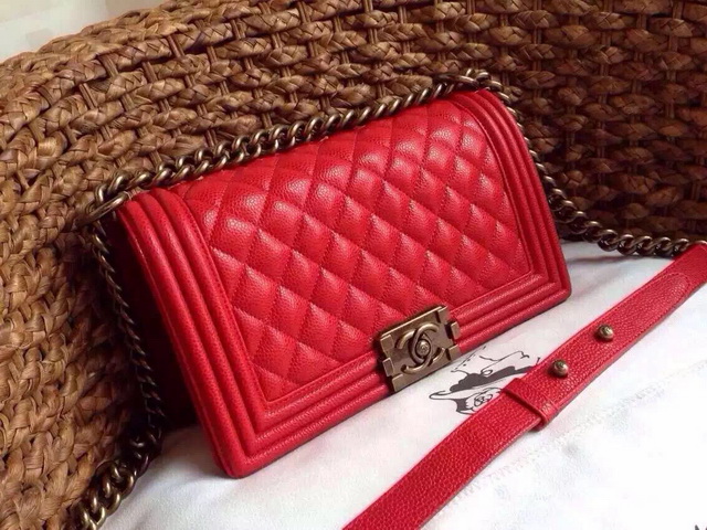 Boy Chanel Flap Bag Red Caviar Leather Brass Chain for Sale