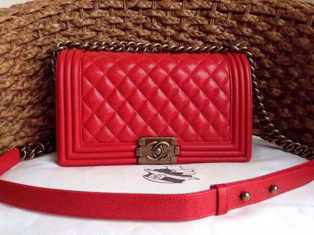 Boy Chanel Flap Bag Red Caviar Leather Brass Chain for Sale