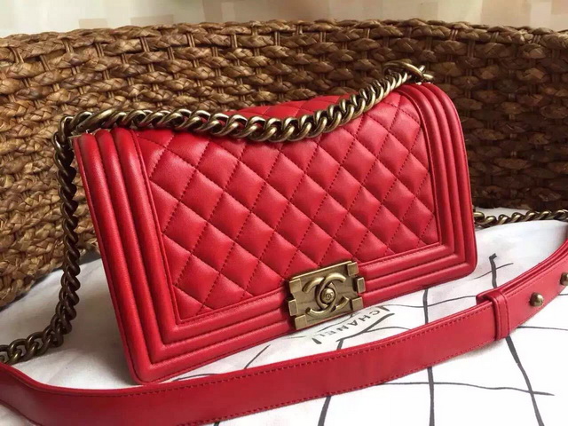 Boy Chanel Flap Bag Red Lambskin Brass Chain for Sale