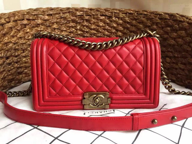 Boy Chanel Flap Bag Red Lambskin Brass Chain for Sale