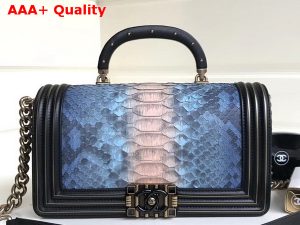 Boy Chanel Flap Bag with Handle Light Blue Python and Lambskin Trim Replica