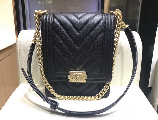 Boy Chanel Handbag Bag in Black Chevron Grained Calfskin AS0130