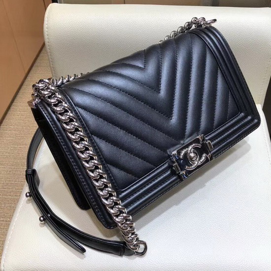 Boy Chanel Handbag Black Chevron Lambskin Resin and Silver Metal