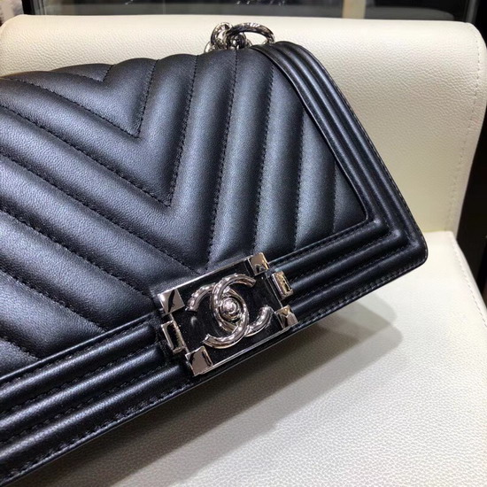 Boy Chanel Handbag Black Chevron Lambskin Resin and Silver Metal