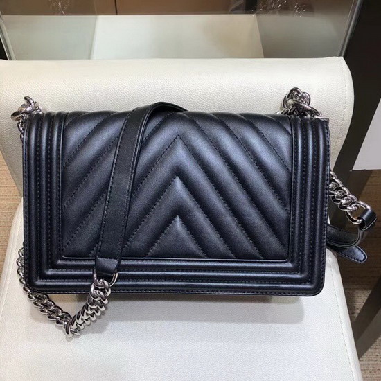 Boy Chanel Handbag Black Chevron Lambskin Resin and Silver Metal