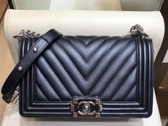 Boy Chanel Handbag Black Chevron Lambskin Resin and Silver Metal