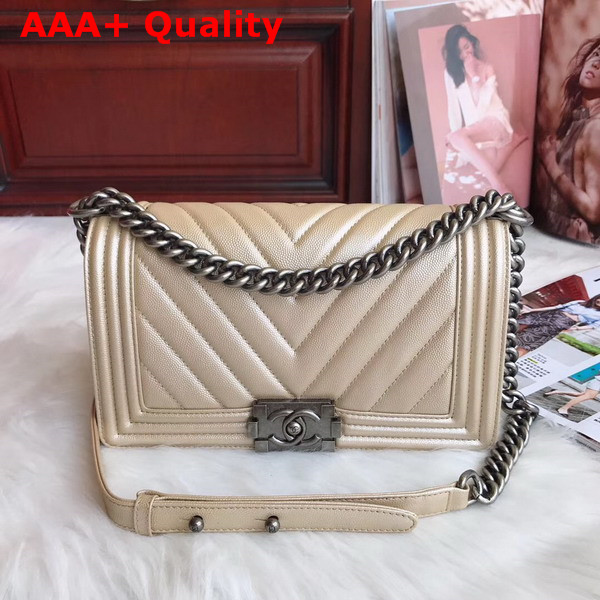 Boy Chanel Handbag Chevron Caviar Calfskin Pearl Beige Replica