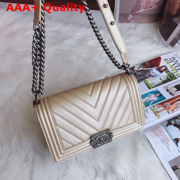 Boy Chanel Handbag Chevron Caviar Calfskin Pearl Beige Replica