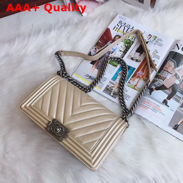 Boy Chanel Handbag Chevron Caviar Calfskin Pearl Beige Replica