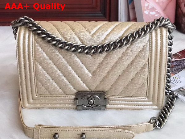 Boy Chanel Handbag Chevron Caviar Calfskin Pearl Beige Replica