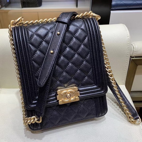 Boy Chanel Handbag Grained Calfskin Gold Tone Metal Black AS0130