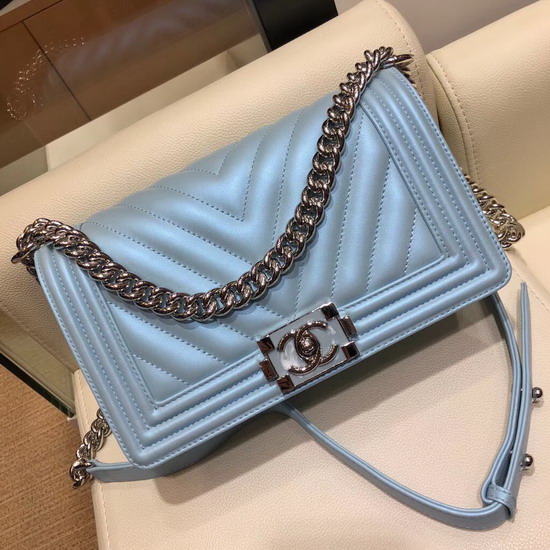 Boy Chanel Handbag Pearl Blue Chevron Lambskin Resin and Silver Metal