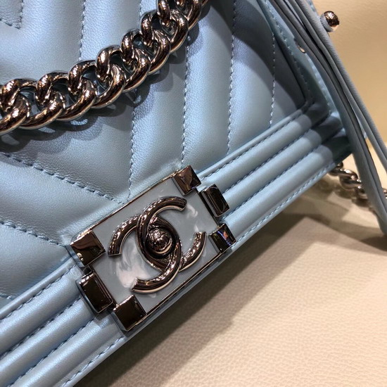 Boy Chanel Handbag Pearl Blue Chevron Lambskin Resin and Silver Metal