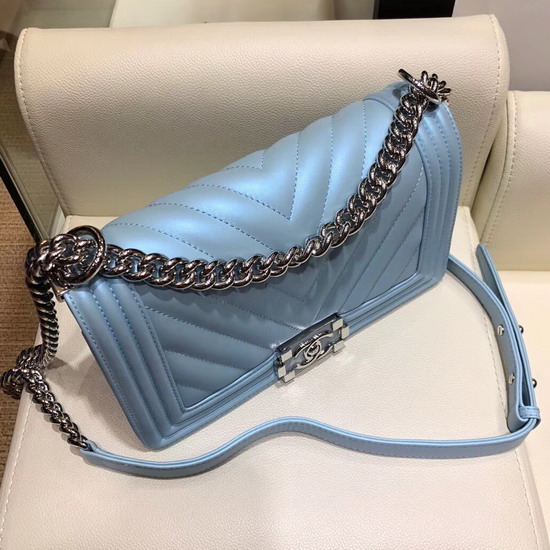 Boy Chanel Handbag Pearl Blue Chevron Lambskin Resin and Silver Metal