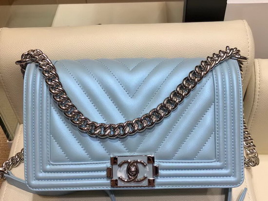 Boy Chanel Handbag Pearl Blue Chevron Lambskin Resin and Silver Metal