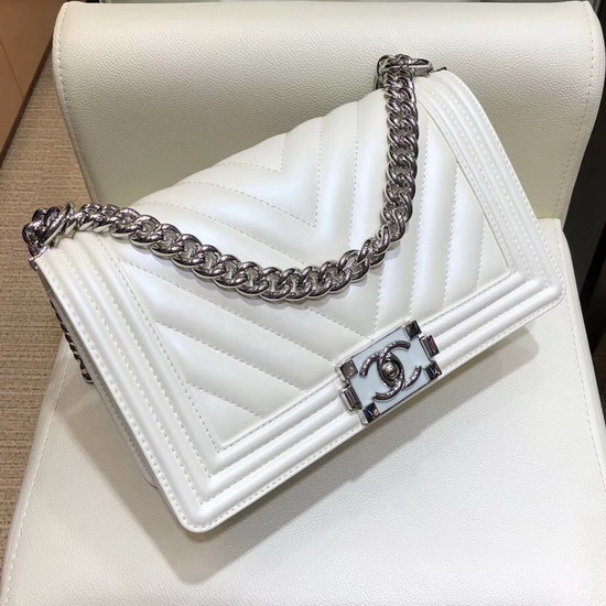 Boy Chanel Handbag Pearl White Chevron Lambskin Resin and Silver Metal