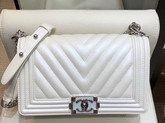 Boy Chanel Handbag Pearl White Chevron Lambskin Resin and Silver Metal