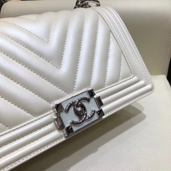 Boy Chanel Handbag Pearl White Chevron Lambskin Resin and Silver Metal