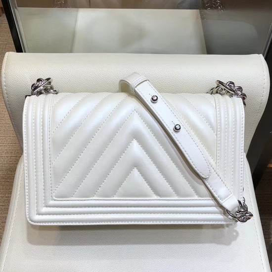 Boy Chanel Handbag Pearl White Chevron Lambskin Resin and Silver Metal