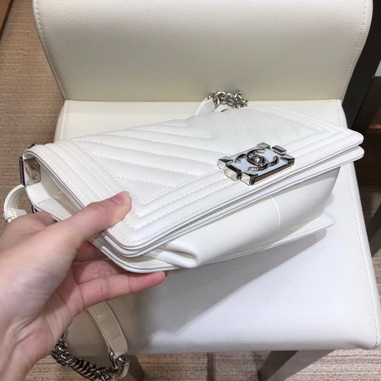 Boy Chanel Handbag Pearl White Chevron Lambskin Resin and Silver Metal