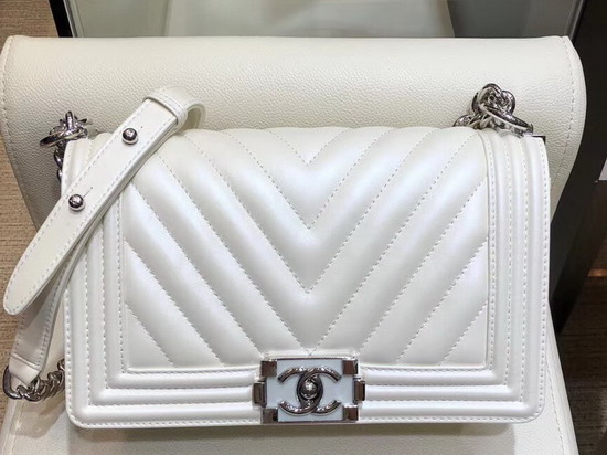 Boy Chanel Handbag Pearl White Chevron Lambskin Resin and Silver Metal