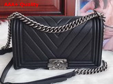 Boy Chanel Handbag in Black Chevron Caviar Calfskin Silver Metal Replica