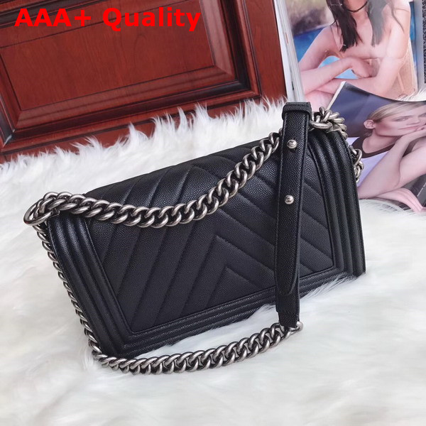 Boy Chanel Handbag in Black Chevron Caviar Calfskin Silver Metal Replica