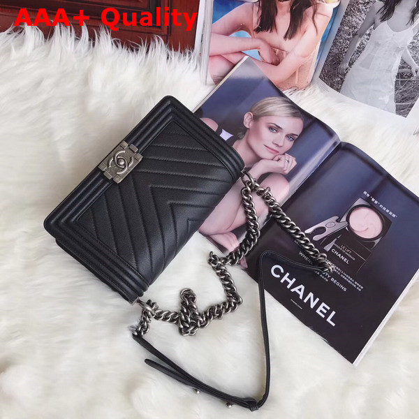 Boy Chanel Handbag in Black Chevron Caviar Calfskin Silver Metal Replica