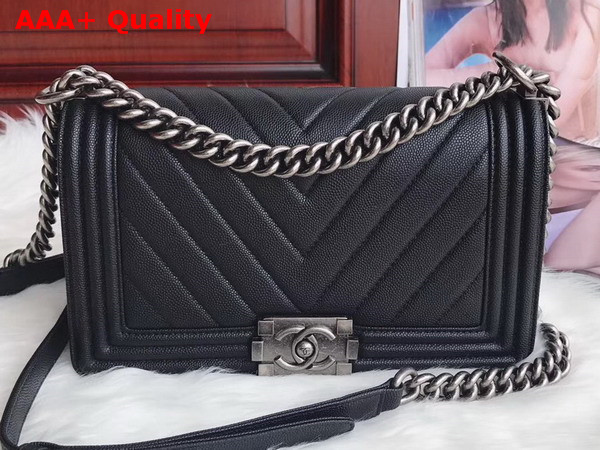 Boy Chanel Handbag in Black Chevron Caviar Calfskin Silver Metal Replica