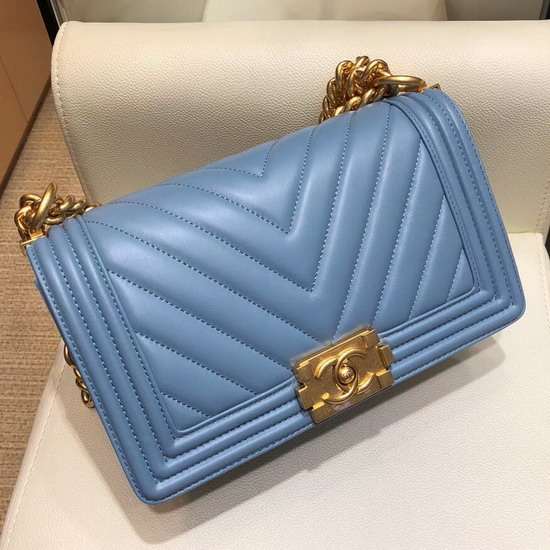 Boy Chanel Handbag in Light Blue Chevron Lambskin Gold Hardware