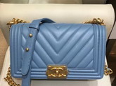 Boy Chanel Handbag in Light Blue Chevron Lambskin Gold Hardware