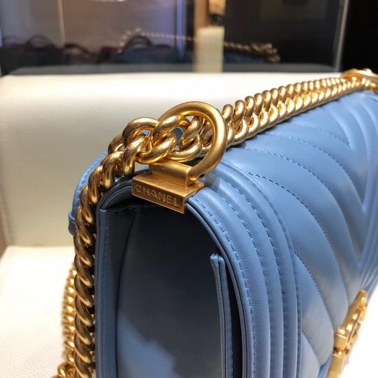 Boy Chanel Handbag in Light Blue Chevron Lambskin Gold Hardware