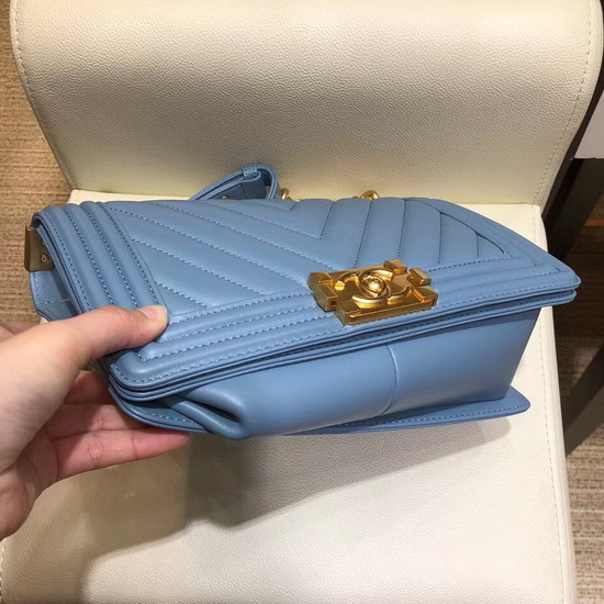 Boy Chanel Handbag in Light Blue Chevron Lambskin Gold Hardware