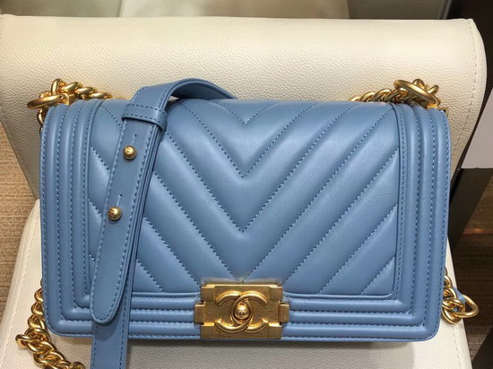 Boy Chanel Handbag in Light Blue Chevron Lambskin Gold Hardware