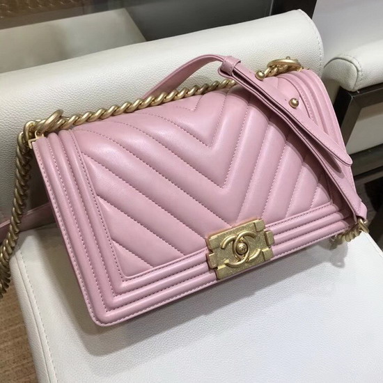 Boy Chanel Handbag in Pink Chevron Lambskin Gold Hardware