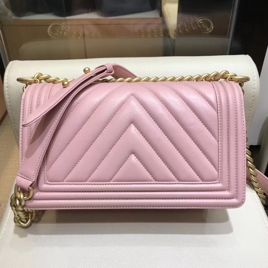 Boy Chanel Handbag in Pink Chevron Lambskin Gold Hardware