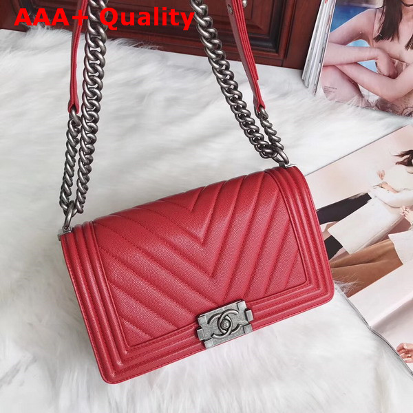 Boy Chanel Handbag in Red Chevron Caviar Calfskin Replica