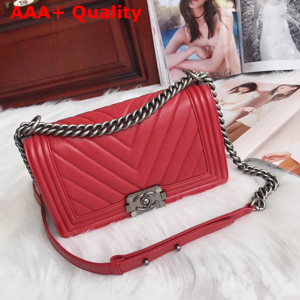 Boy Chanel Handbag in Red Chevron Caviar Calfskin Replica