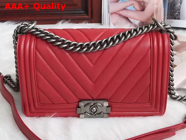 Boy Chanel Handbag in Red Chevron Caviar Calfskin Replica