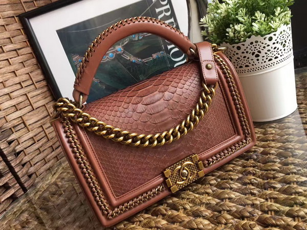 Boy Chanel Handbag with Handle in Brown Python For Sale