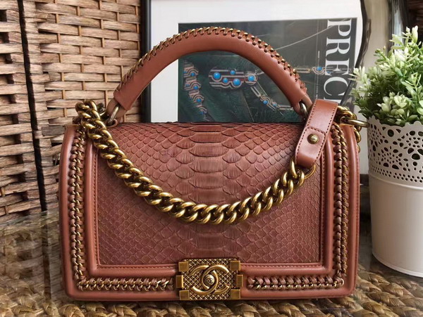 Boy Chanel Handbag with Handle in Brown Python For Sale