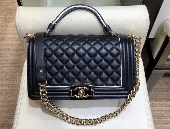 Boy Chanel Handbag with Top Handle Black Calfskin with Gold Hardware