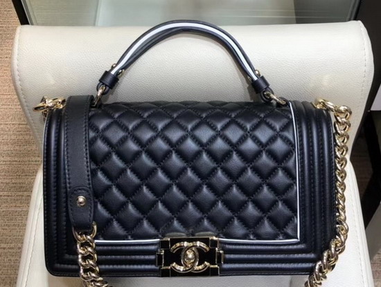 Boy Chanel Handbag with Top Handle Black Calfskin with Gold Hardware