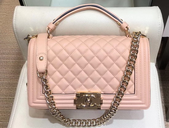 Boy Chanel Handbag with Top Handle Pink Calfskin with Gold Hardware