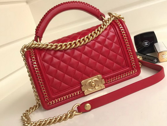 Boy Chanel Handbag with Top Handle Red Lambskin