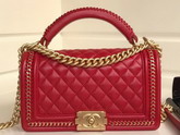 Boy Chanel Handbag with Top Handle Red Lambskin