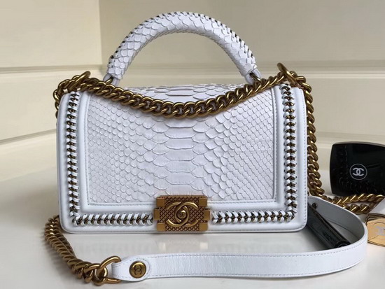 Boy Chanel Handbag with Top Handle White Python Brass Metal