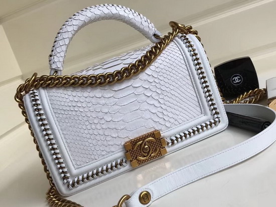 Boy Chanel Handbag with Top Handle White Python Brass Metal